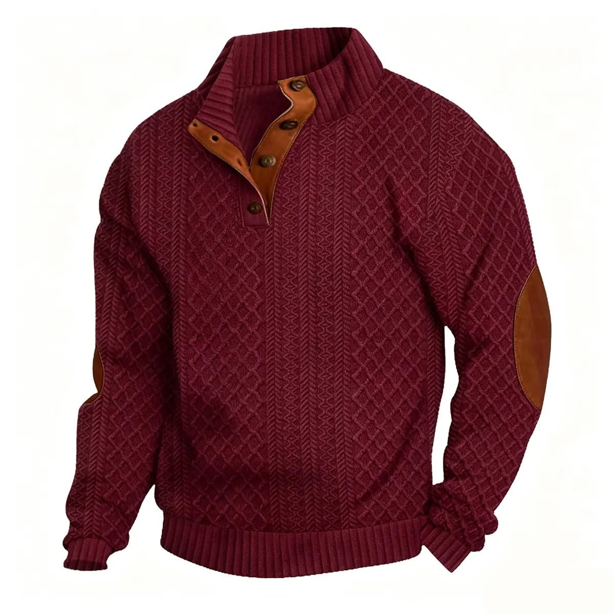 Men's Stand Collar Jacquard Knit Sweater, Micro Stretch 100% Polyester Elbow Patch Long Sleeve Top