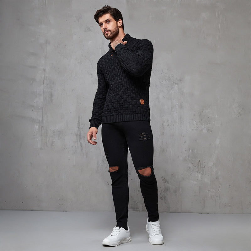 Men's Regular Textured Patched Detail Shawl Collar Sweater