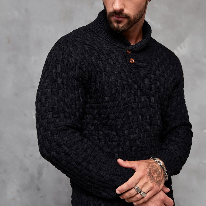 Men's Regular Textured Patched Detail Shawl Collar Sweater
