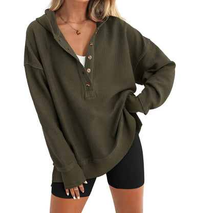 Women's Oversized V-Neck Hoodie – Relaxed Button Pullover with Side Slits