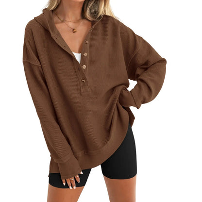 Women's Oversized V-Neck Hoodie – Relaxed Button Pullover with Side Slits