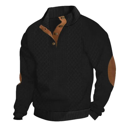 Men's Stand Collar Jacquard Knit Sweater, Micro Stretch 100% Polyester Elbow Patch Long Sleeve Top