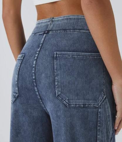 Mid Rise Multi Pockets Straight Leg Stretch Casual Cargo Jeans