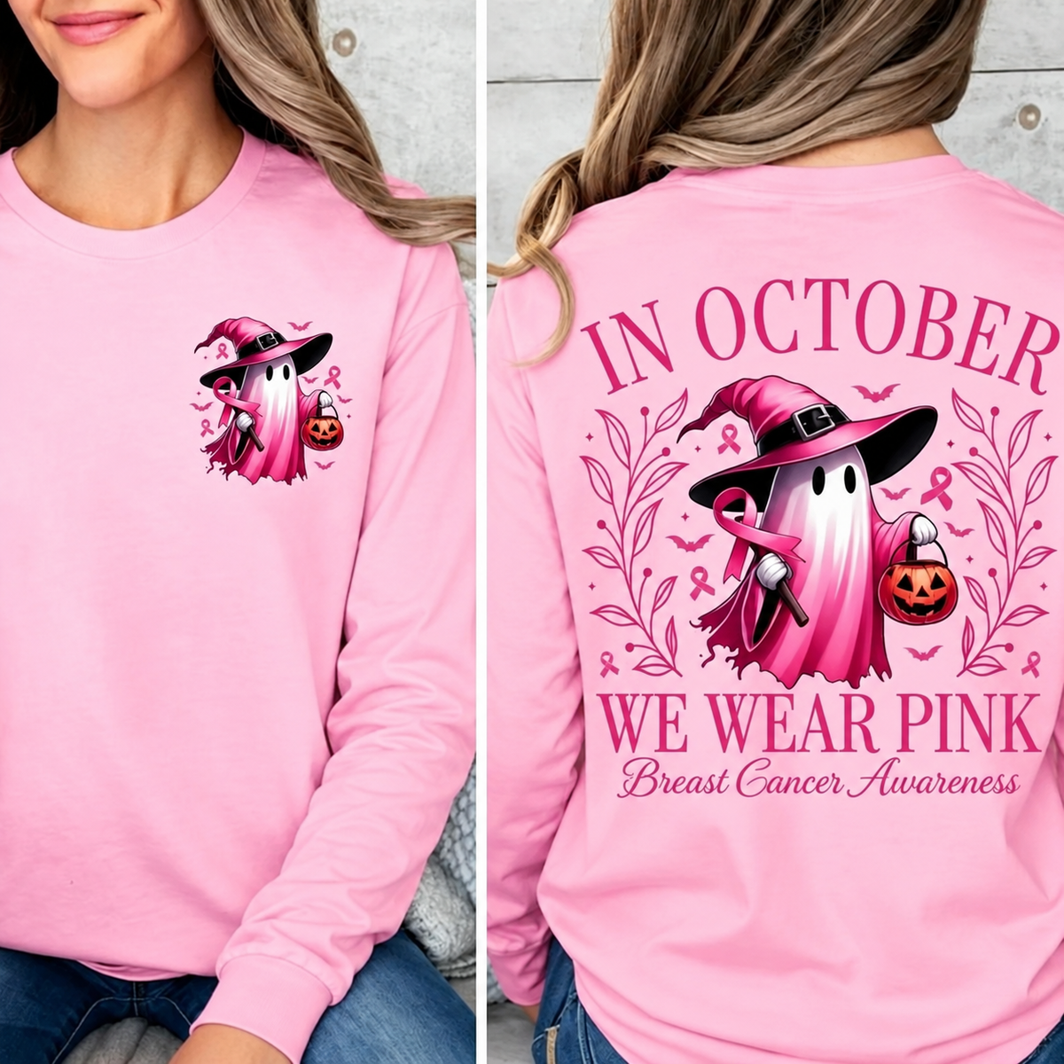 CLEARANCE SALE🔥 Pink Ghost Long Sleeve Top, Breast Cancer Awareness Shirt