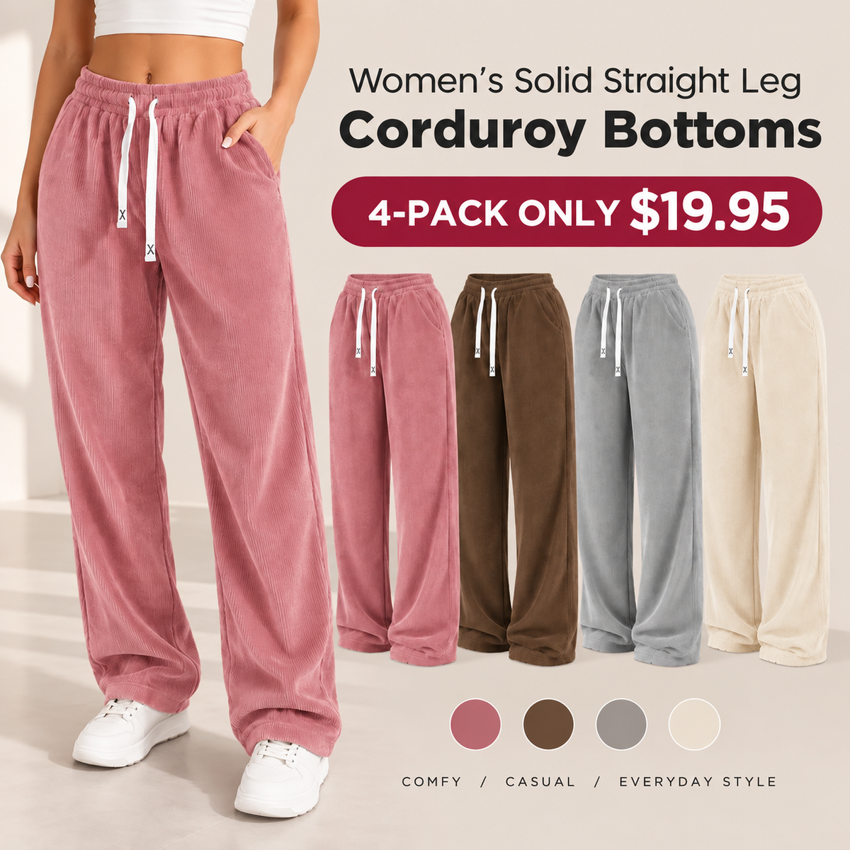 Women's Solid Straight Leg Corduroy Bottoms
