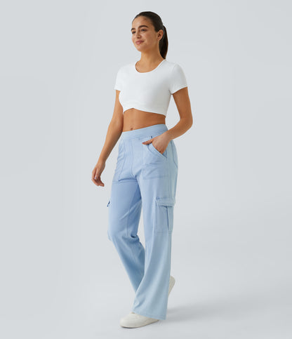 Mid Rise Multi Pockets Straight Leg Stretch Casual Cargo Jeans