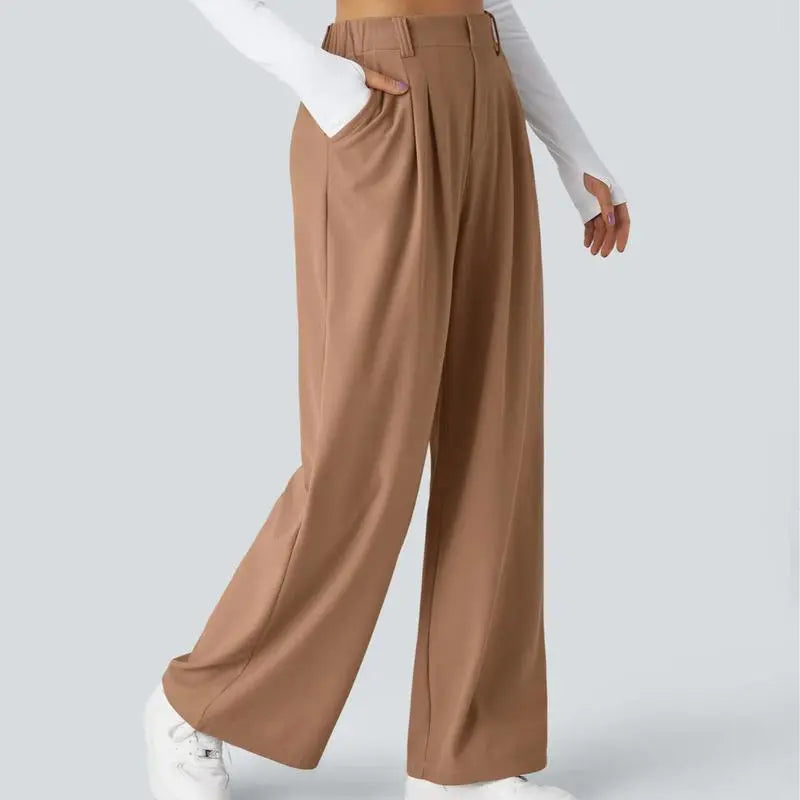 🔥Autumn Sale– High Waisted Pleated Wide Leg Waffle Work Pants with Side Pockets