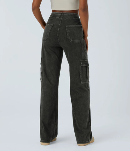 Mid Rise Multi Pockets Straight Leg Stretch Casual Cargo Jeans