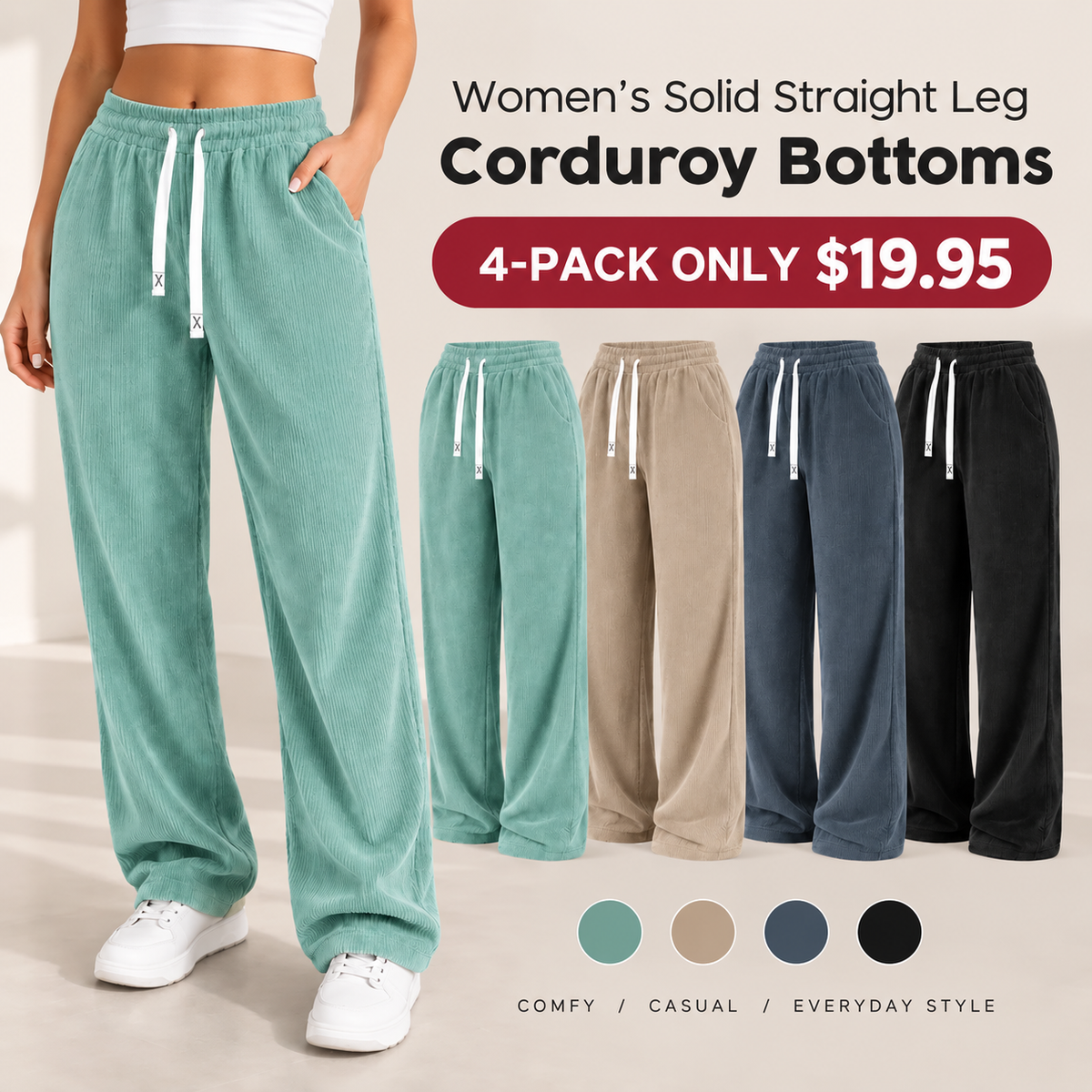 Women's Solid Straight Leg Corduroy Bottoms