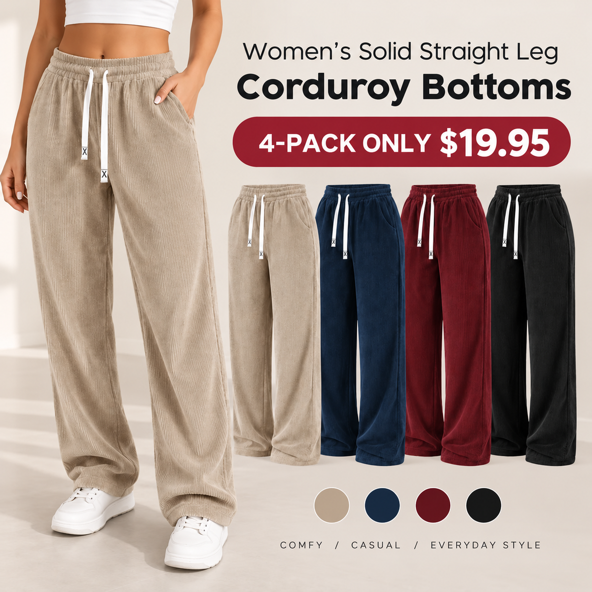 Women's Solid Straight Leg Corduroy Bottoms