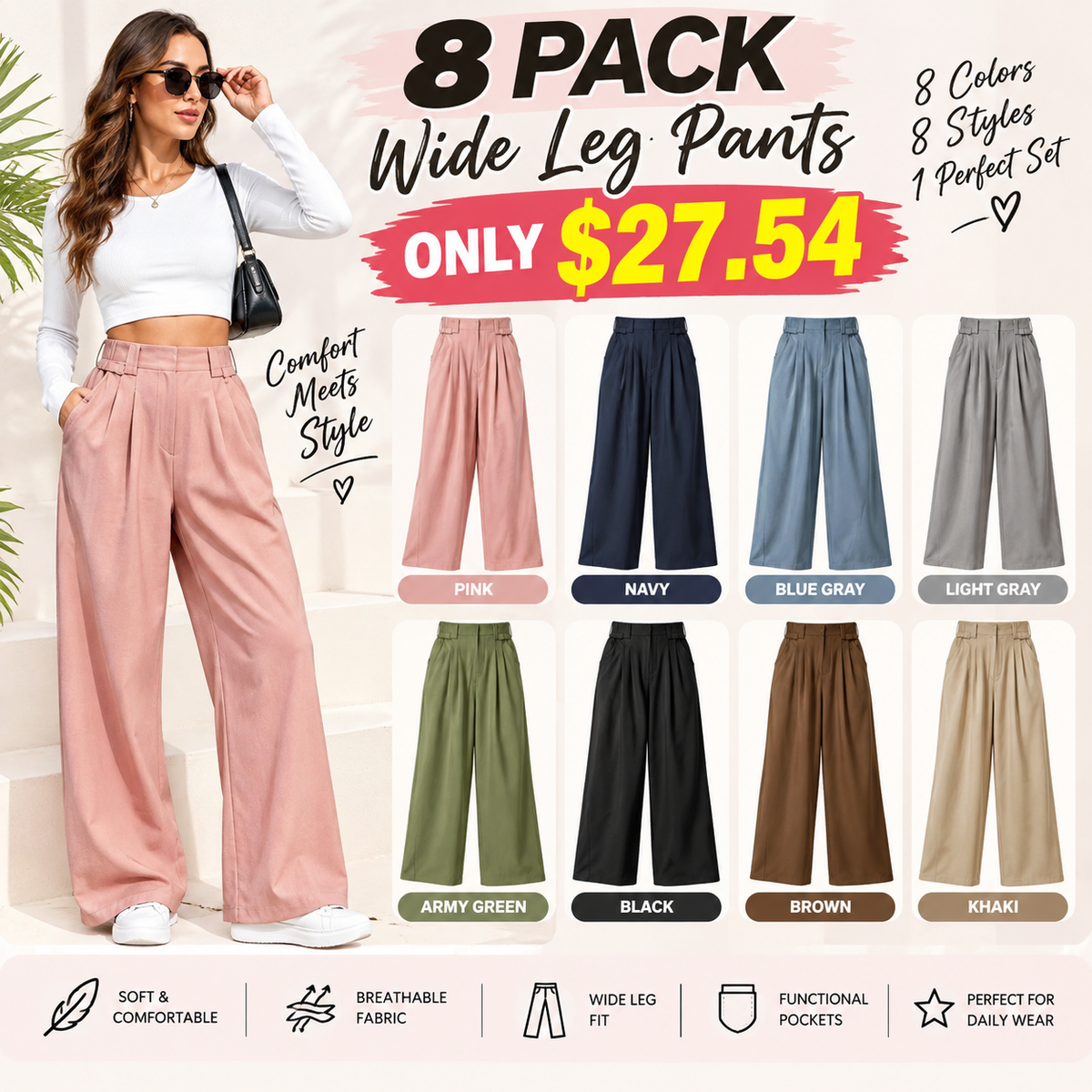 🔥Autumn Sale– High Waisted Pleated Wide Leg Waffle Work Pants with Side Pockets