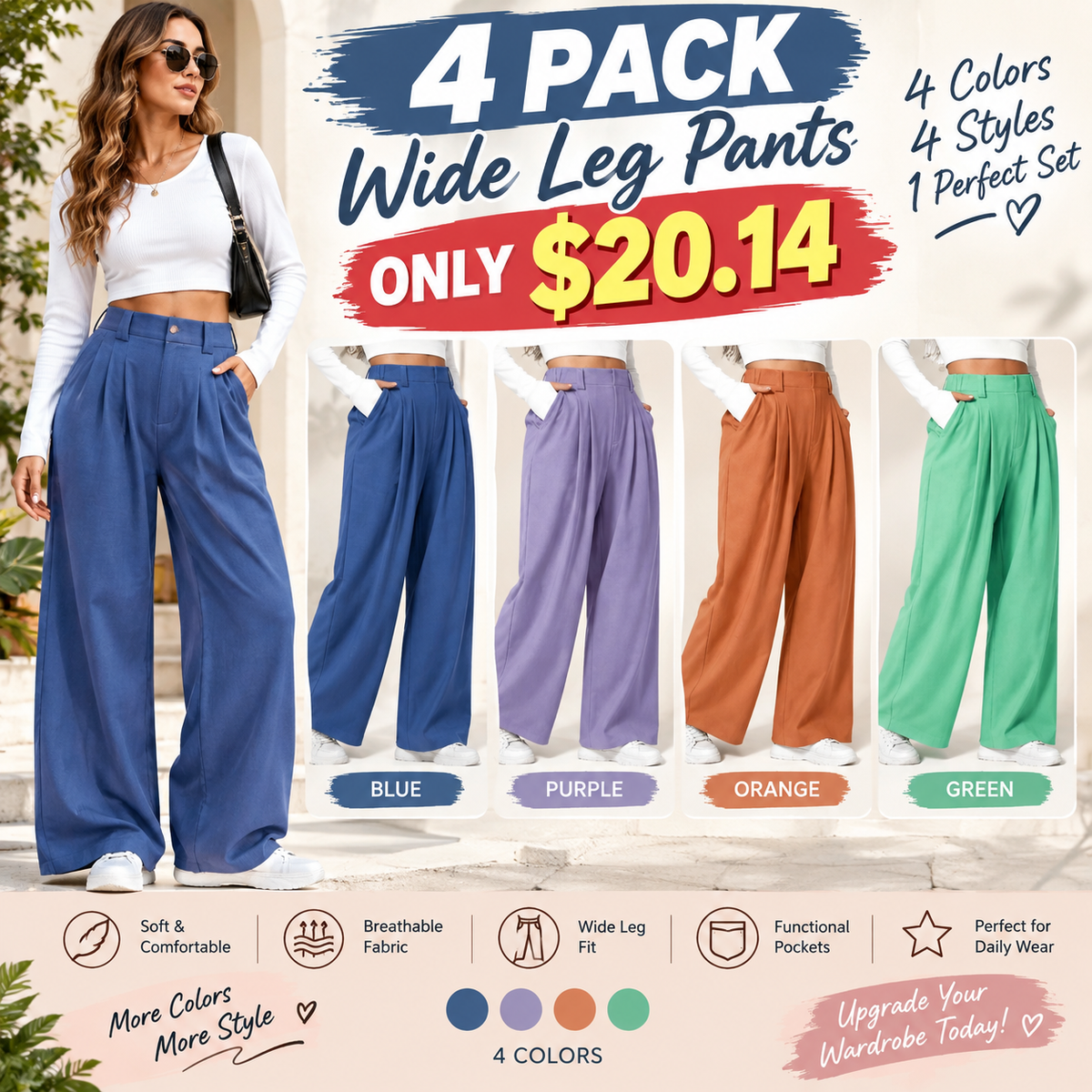 🔥Autumn Sale– High Waisted Pleated Wide Leg Waffle Work Pants with Side Pockets