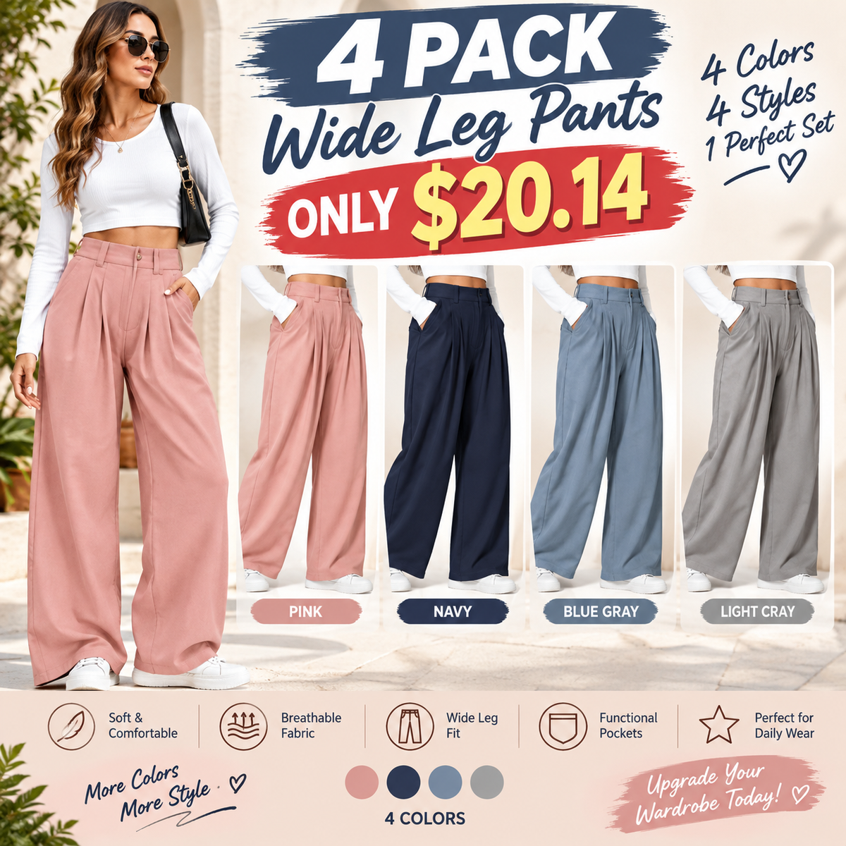 🔥Autumn Sale– High Waisted Pleated Wide Leg Waffle Work Pants with Side Pockets