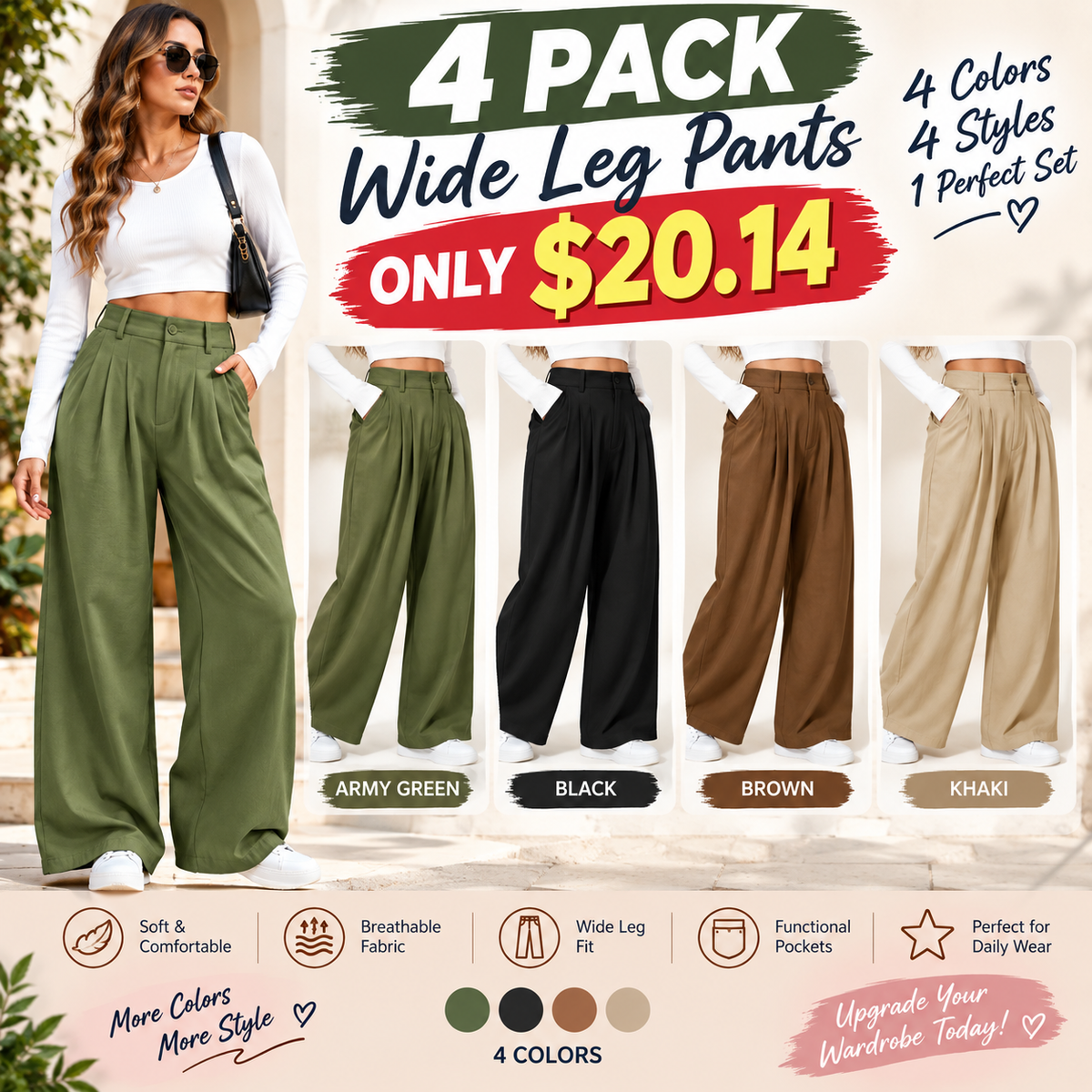 🔥Autumn Sale– High Waisted Pleated Wide Leg Waffle Work Pants with Side Pockets