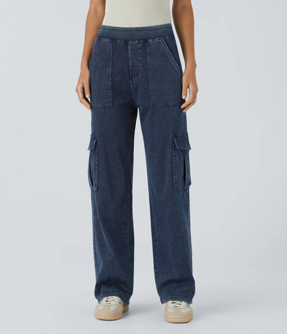 Mid Rise Multi Pockets Straight Leg Stretch Casual Cargo Jeans