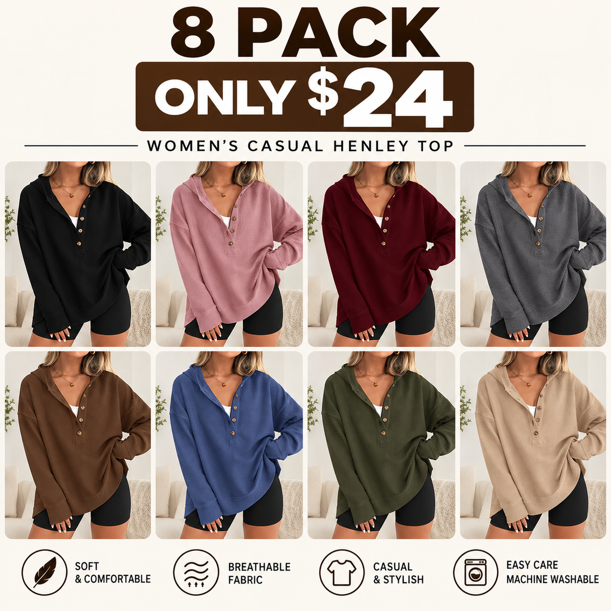 Women's Oversized V-Neck Hoodie – Relaxed Button Pullover with Side Slits