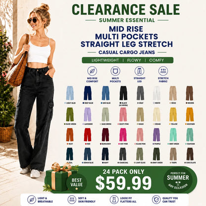 Mid Rise Multi Pockets Straight Leg Stretch Casual Cargo Jeans