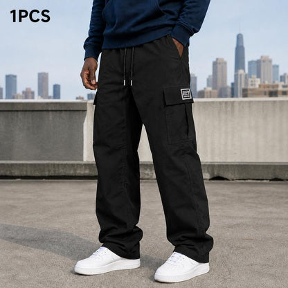Men's cargo pants, solid-color casual loose-fit cargo trousers.
