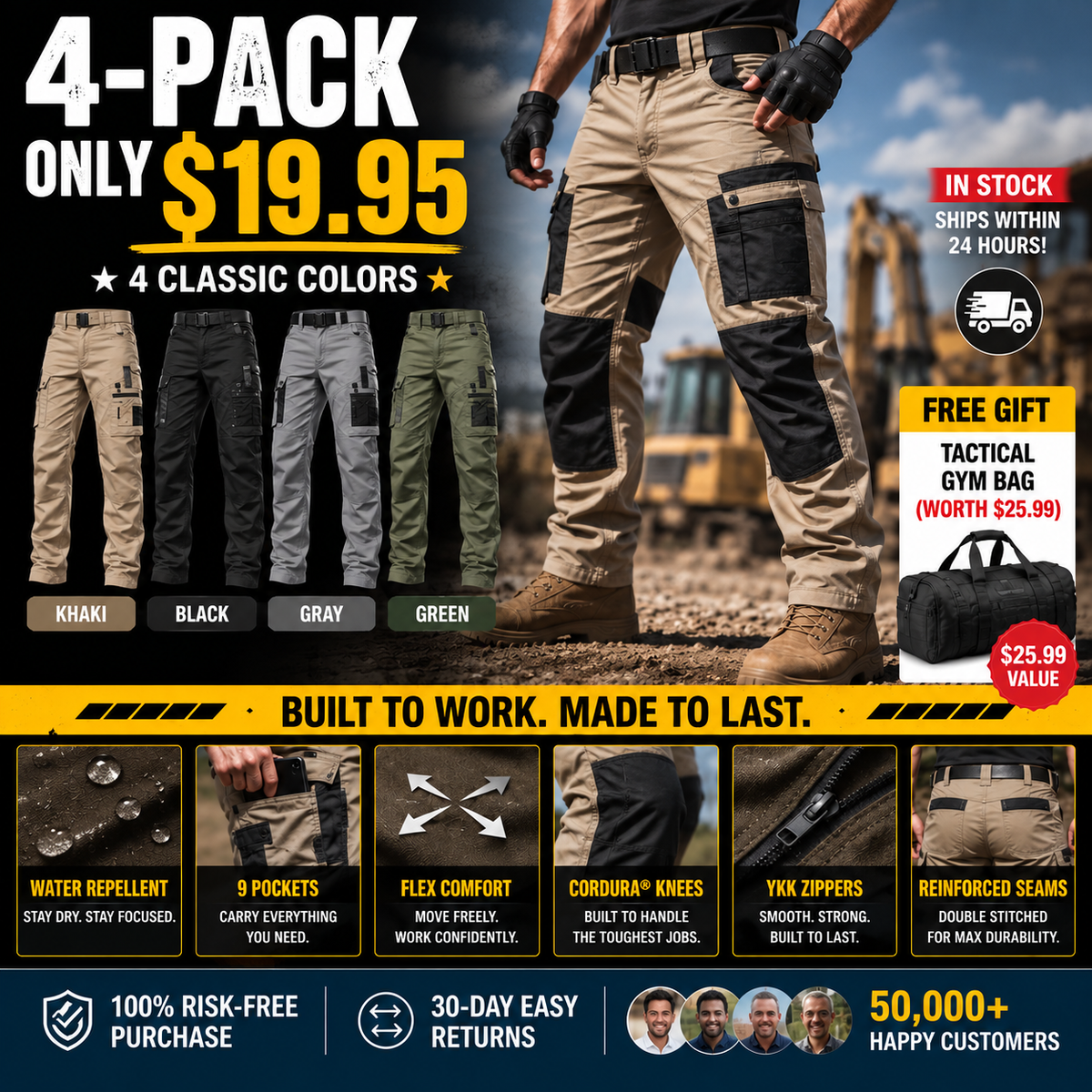 🔥 One Pants Replace Many! Multi-pocket Tactical Cargo Pants | Reinforced Abrasion-resistant Knees + Flexible Cut + Water Repellent