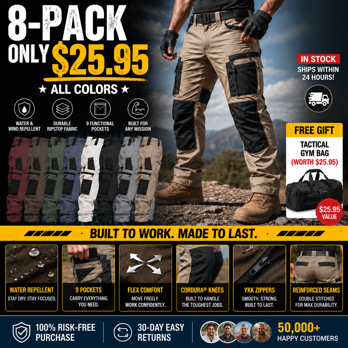 🔥 One Pants Replace Many! Multi-pocket Tactical Cargo Pants | Reinforced Abrasion-resistant Knees + Flexible Cut + Water Repellent
