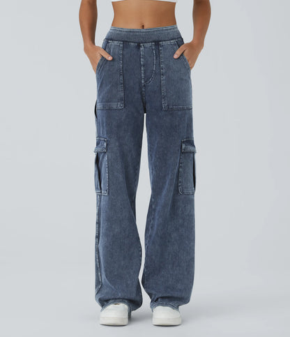 Mid Rise Multi Pockets Straight Leg Stretch Casual Cargo Jeans