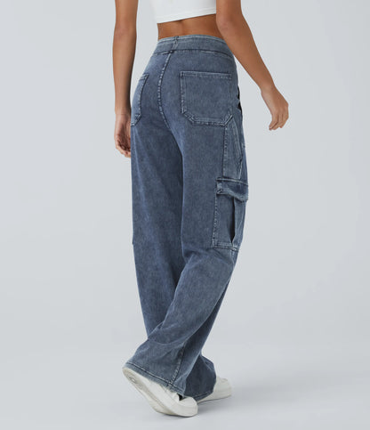 Mid Rise Multi Pockets Straight Leg Stretch Casual Cargo Jeans