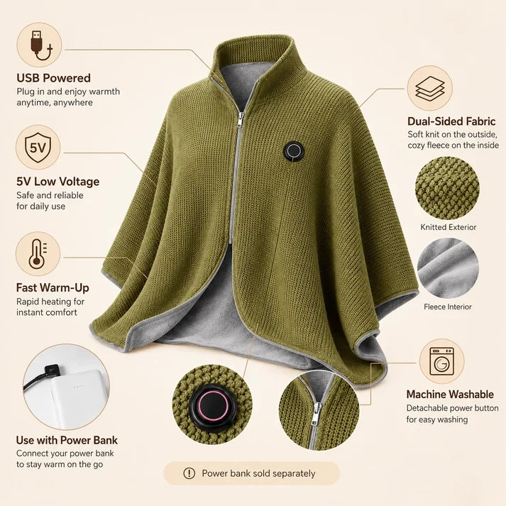 🔥 Wearable Heated Shawl 3 Heat Levels Portable Thermal Wrap
