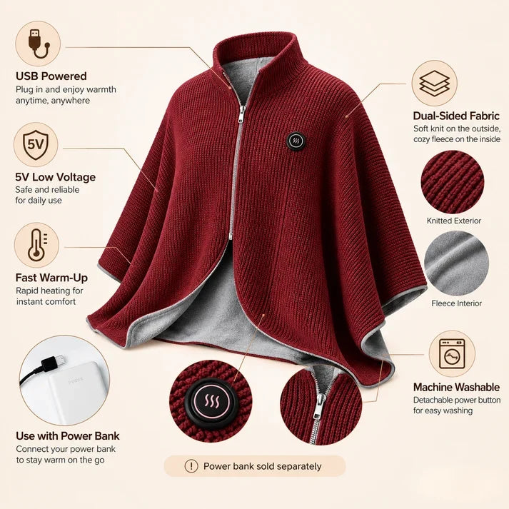 🔥 Wearable Heated Shawl 3 Heat Levels Portable Thermal Wrap
